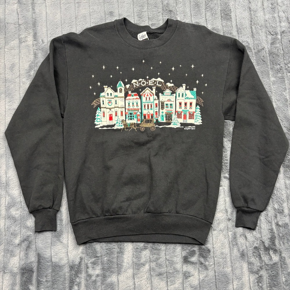 Vintage Gopher Sport Noel Christmas Village Sweatshirt Black Made in USA Medium